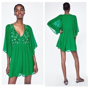 Zara embroidered green polka dot playsuit